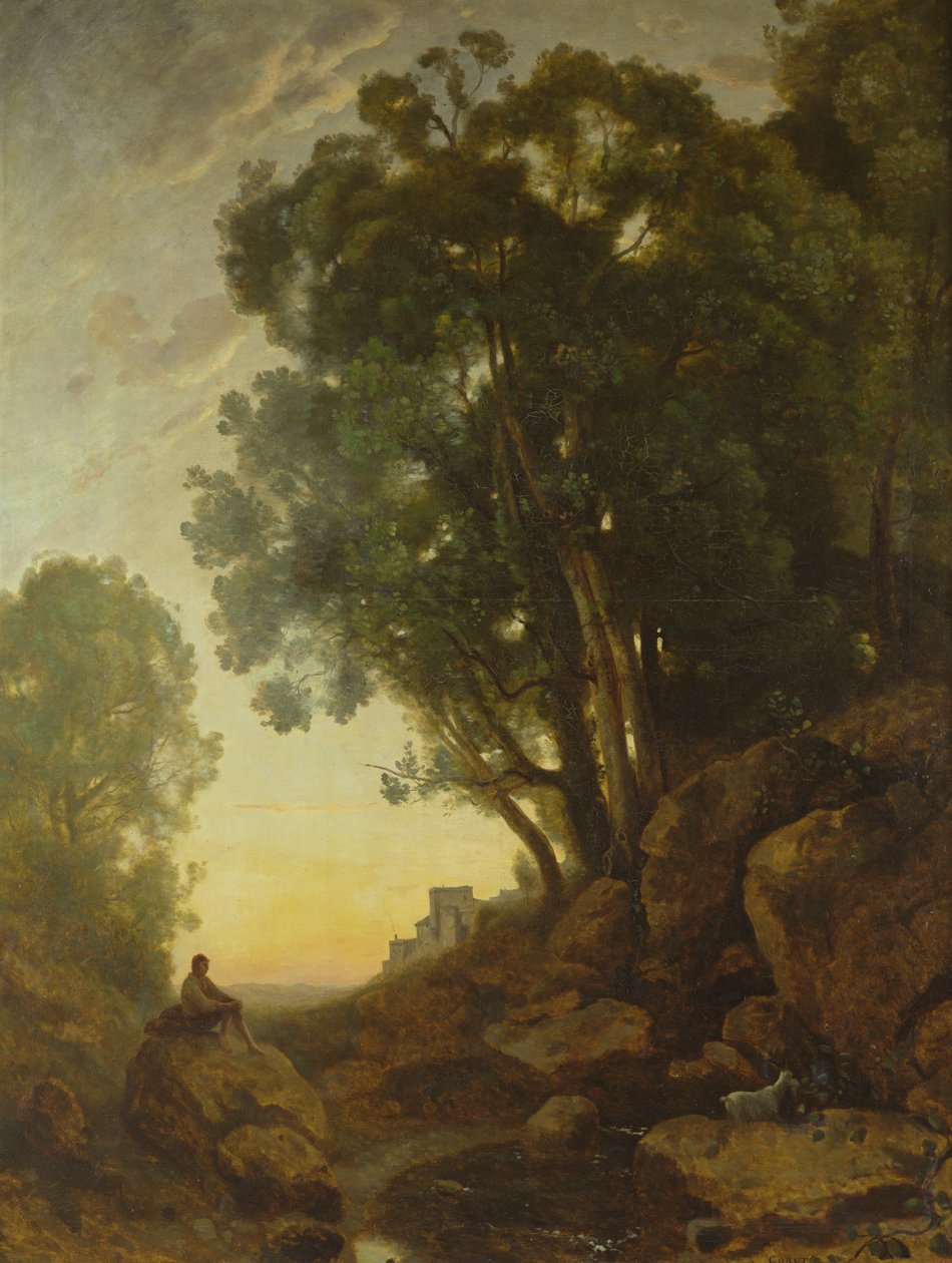 Az olasz kecskepásztor, avagy a lenyugvó nap hatása, 1847 körül alkotó: Jean Baptiste Camille Corot