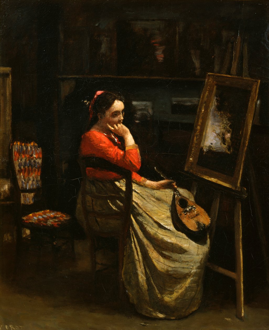 Corot műhelye, fiatal nő vörös blúzban, 1865-1870. alkotó: Jean Baptiste Camille Corot