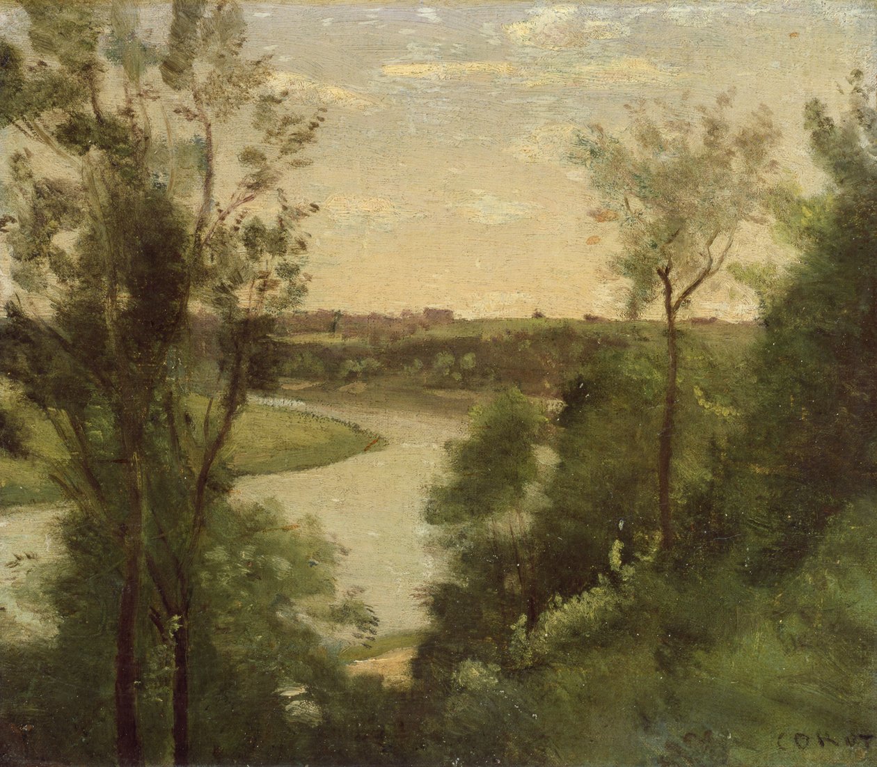 Egy folyó felülről, a fák között alkotó: Jean Baptiste Camille Corot