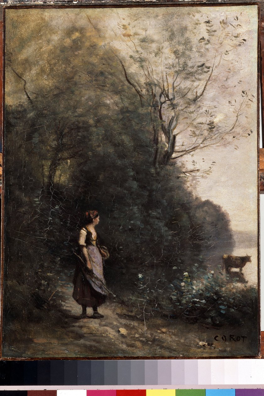 ""Egy pásztorlány és tehéncsordája az erdő szélén" (Pásztorlány tehénnel az erdő szélén) Camille Corot (1796-1875) festménye 1865-1870 Méret: 47,5x35 cm Remeteség múzeuma , Szentpétervár alkotó: Jean Baptiste Camille Corot