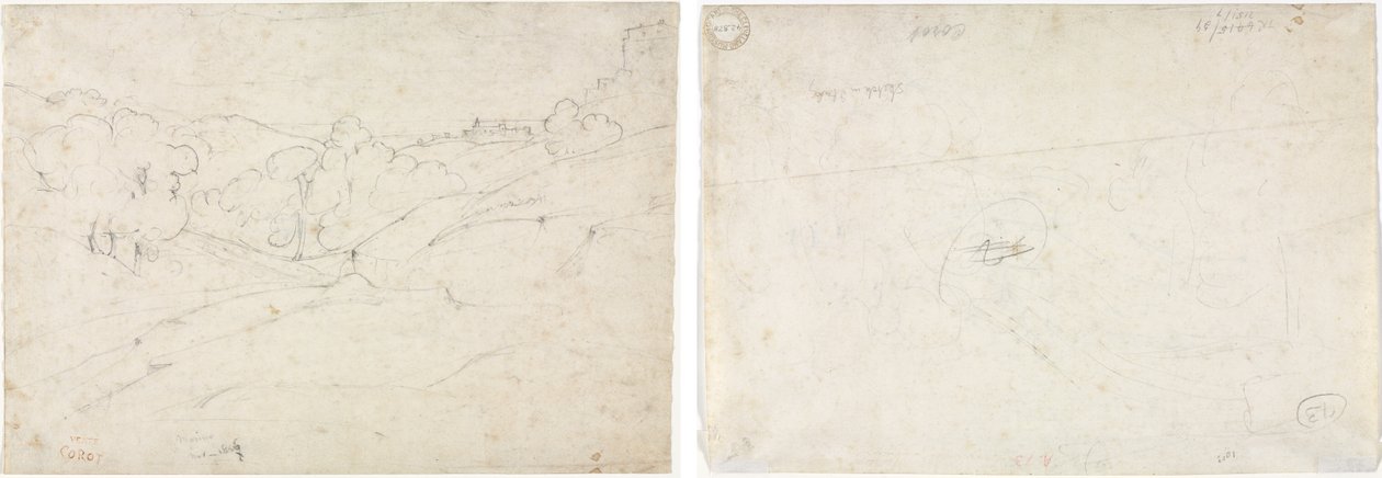 Marino látképe (recto); Vázlat a tájhoz (fordítva) alkotó: Jean Baptiste Camille Corot