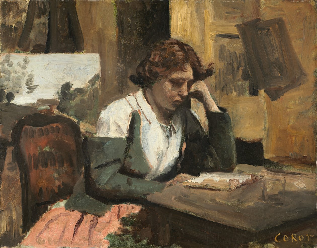 Nő olvas a stúdióban alkotó: Jean Baptiste Camille Corot