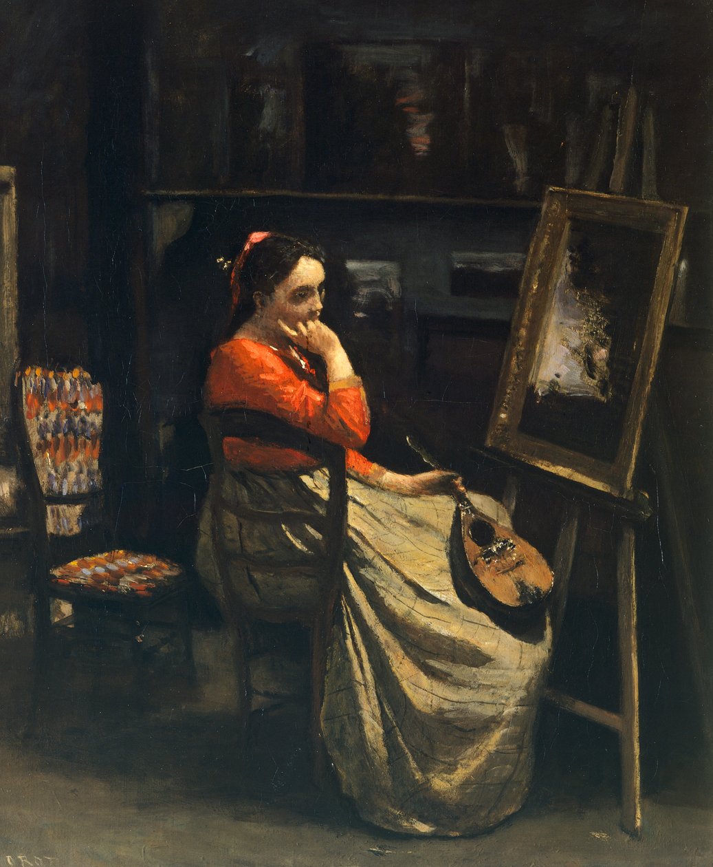 Fiatal nő mandolinnal (Atelier la mandoline), Jean-Baptiste Camille Corot (1796-1875) alkotó: Jean Baptiste Camille Corot