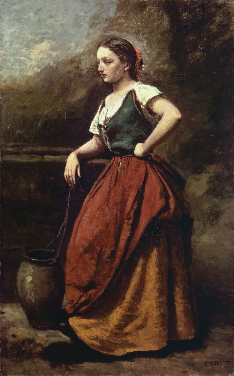 Fiatal nő a kútnál, Jean-Baptiste-Camille Corot (1796-1875), 65x40 cm. alkotó: Jean Baptiste Camille Corot