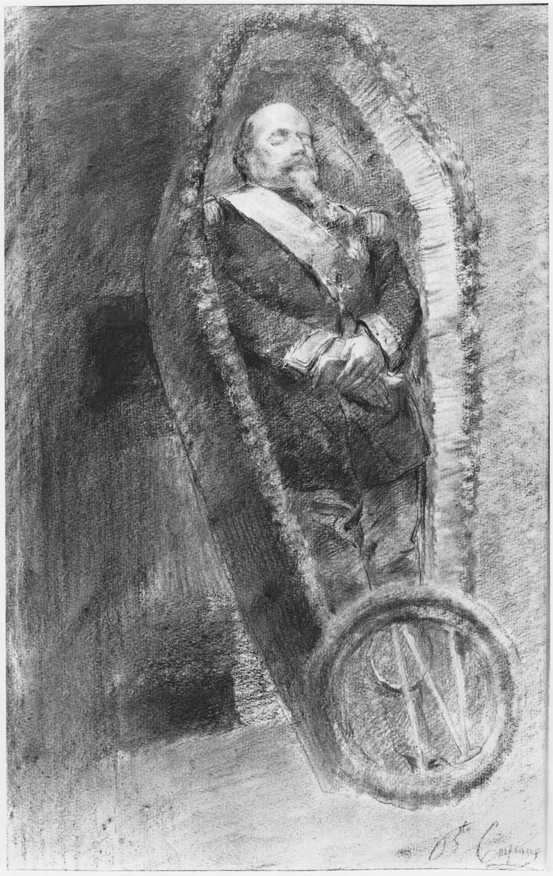 III. Napóleon császár a koporsójában a temetési szertartás alatt, amelyet az angliai Chislehurst templomában ünnepeltek 1873. január 13-án (szén és fehér kréta) alkotó: Jean Baptiste Carpeaux