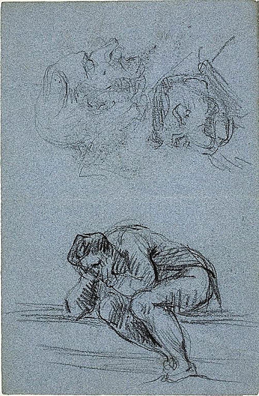 Ülő alak, fejjel a kezében és két karikatúra (recto); négy figura egy lunettában (verso). alkotó: Jean Baptiste Carpeaux