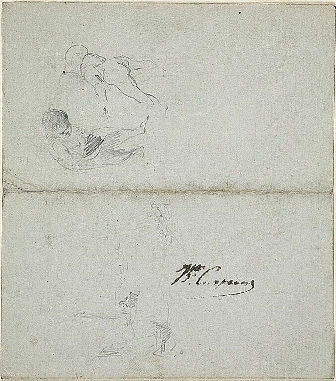 Vázlatok két gyermekről, csónakok a tengeren (recto); vázlatok botot tartó, lépkedő férfi alakról és tengerparti jelenetről (verso). alkotó: Jean Baptiste Carpeaux