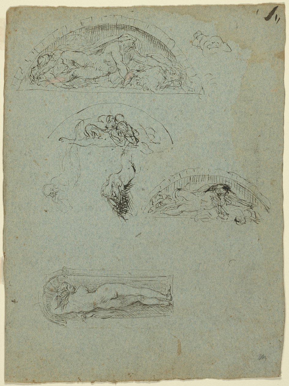 Álló alak egy résben és tanulmányok az Ugolino csoport számára (recto); Piros köpenyes prelátus a tömegben (fordítva) alkotó: Jean Baptiste Carpeaux