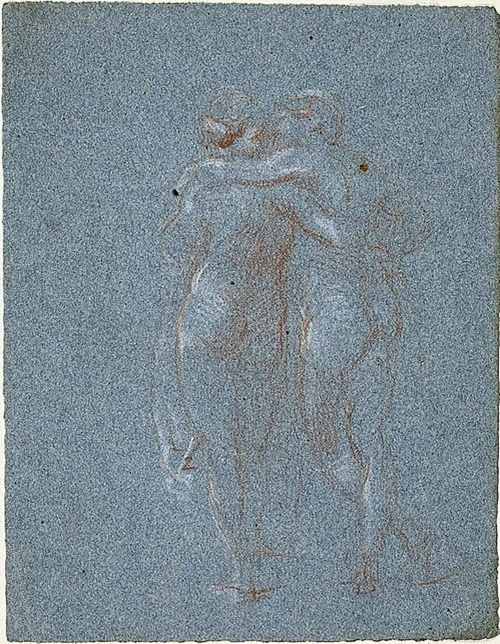 Két álló alak, ölelkező (recto); Férfi kaszával és épületvázlatokkal (fordítva) alkotó: Jean Baptiste Carpeaux