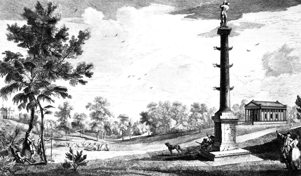 Kilátás Grenville kapitány emlékművétől a görög templomra, Stowe House Gardens, metszet: George Bickham, 1753 alkotó: Jean Baptiste Claude Chatelain