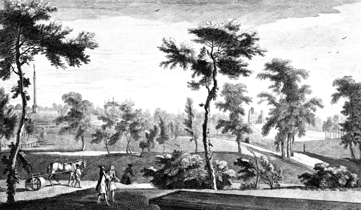 Kilátás a görög templomból Lord Cobham oszlopára, a Stowe House Gardensre, George Bickham metszetével, 1753 alkotó: Jean Baptiste Claude Chatelain