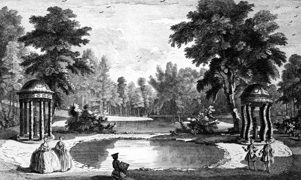 Kilátás a barlangra és két kagylótemplomra, a Stowe House Gardensre, George Bickham metszetével, 1753 alkotó: Jean Baptiste Claude Chatelain