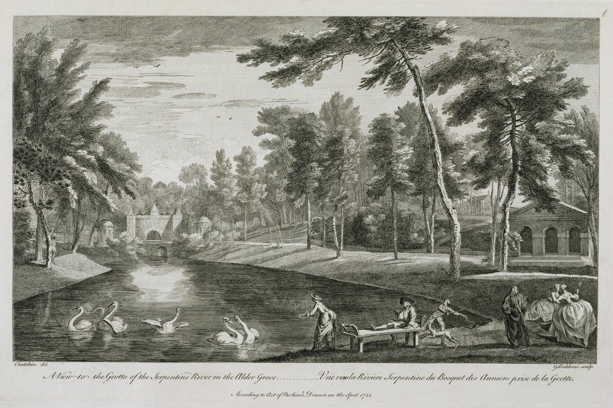 Kilátás a Serpentine folyó barlangjára a stowei Alder Grove-ban, 1753, George Bickham metszetével alkotó: Jean Baptiste Claude Chatelain