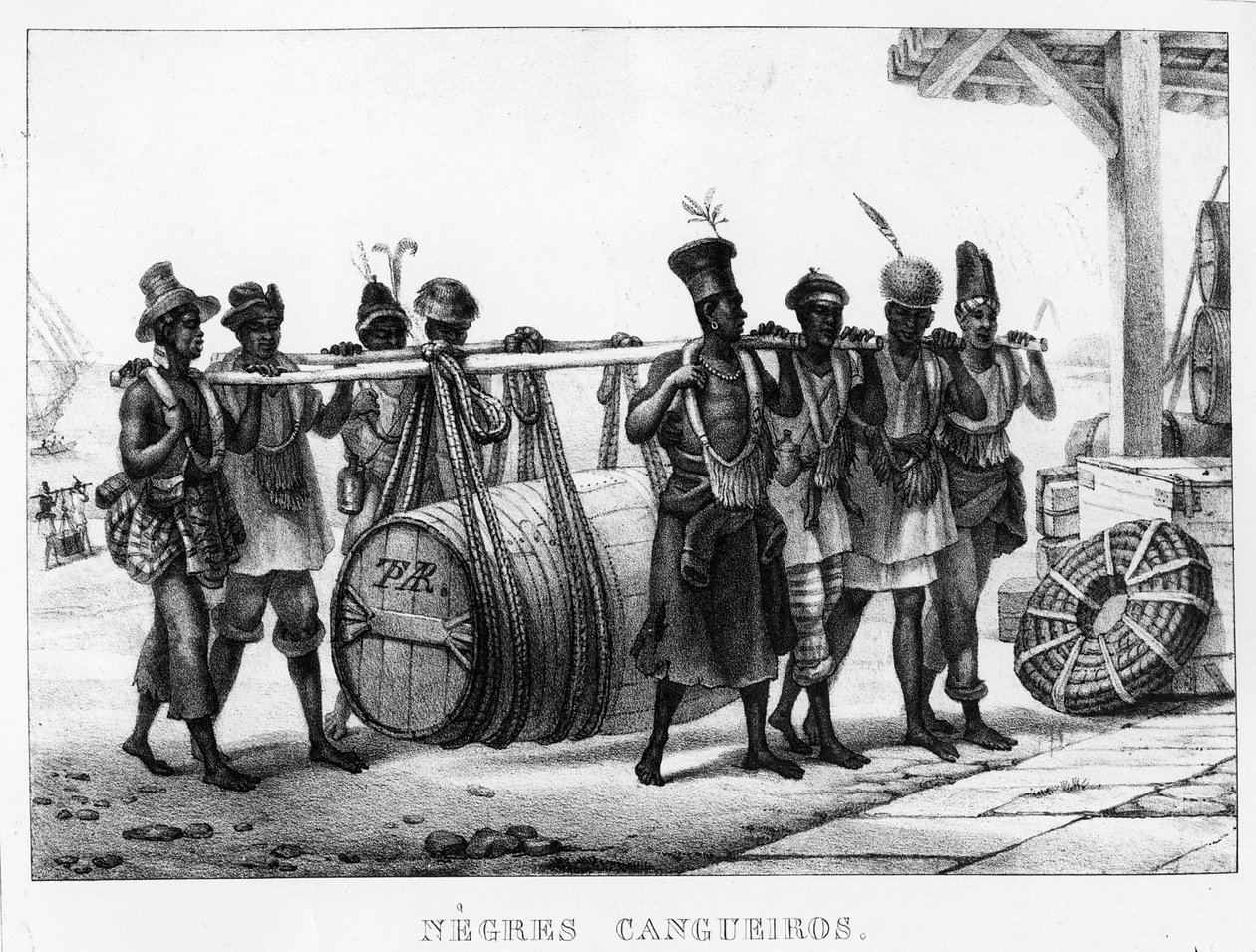 „Black Cangueiros” – A fekete hordók hordót hordnak, Thierry Freres (fl.1827-45) metszet, 1835 alkotó: Jean Baptiste Debret