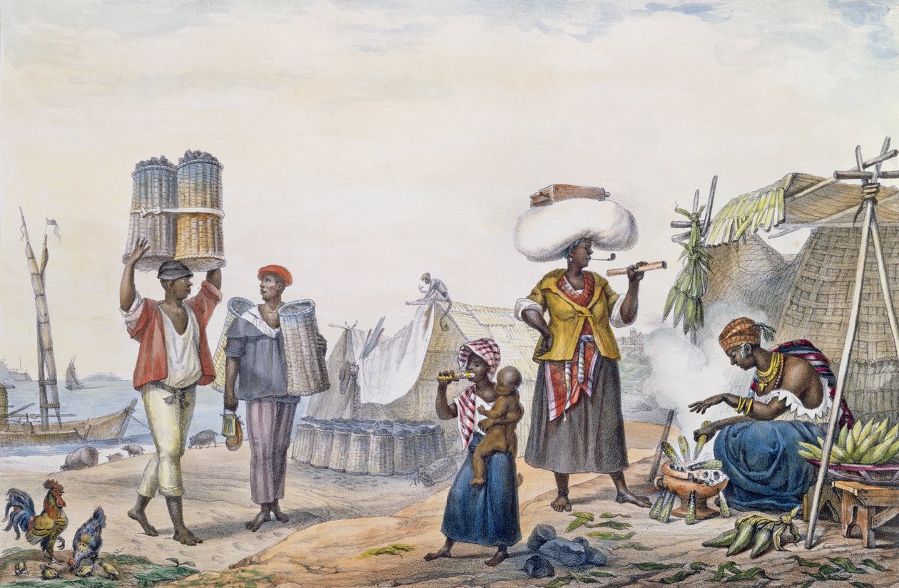 Feketék szenet és kukoricát árulnak, a „Pestői és történelmi utazás Brazíliába” címmel, Thierry Freres metszetével, 1839 alkotó: Jean Baptiste Debret