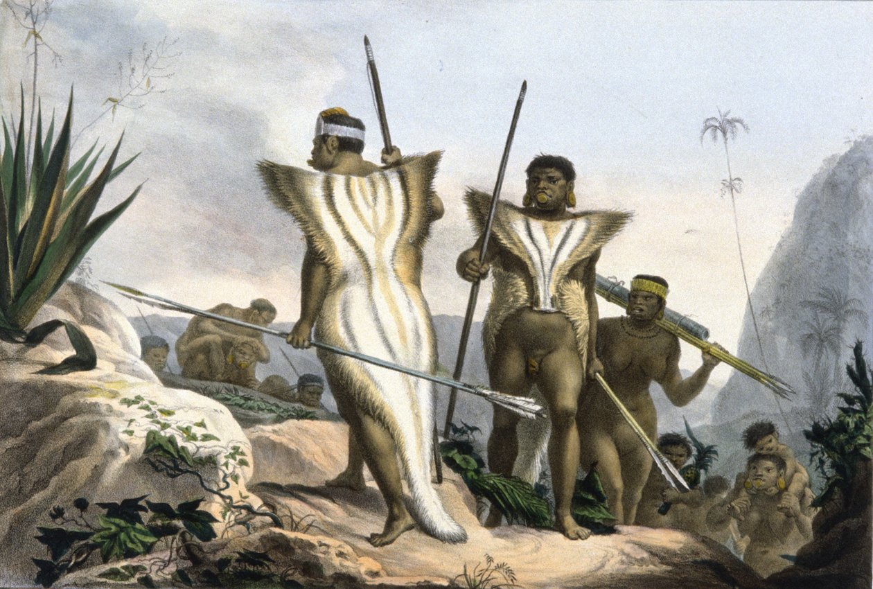 állatbőrt viselő brazil indiánok alkotó: Jean Baptiste Debret