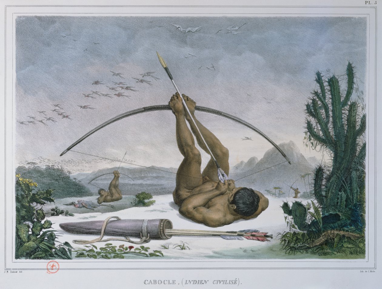 Cabocle indián vadászmadarak íjjal és nyíllal, a Voyage Pittoresque et Historique au Bresilből, 1839-ben alkotó: Jean Baptiste Debret