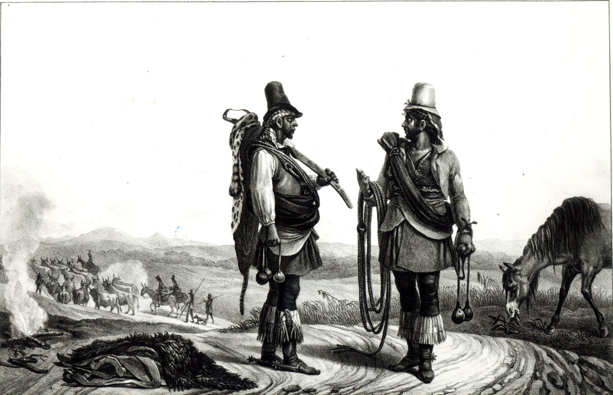 Charrua indiánok a "Voyage Pittoresque et Historique au Bresil"-ből, metszett C. Motte alkotó: Jean Baptiste Debret
