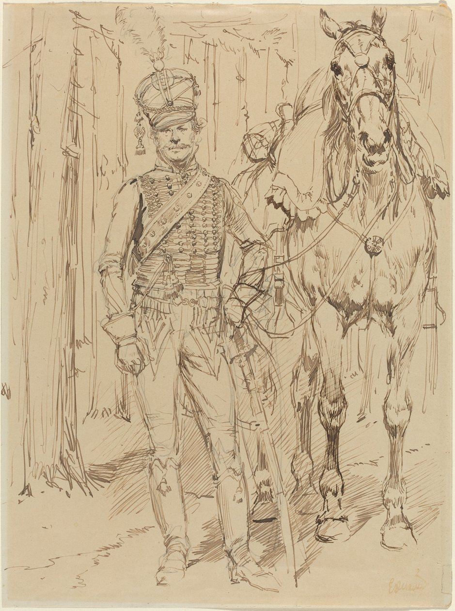 Francia huszár, aki lovat vezet alkotó: Jean Baptiste Edouard Detaille