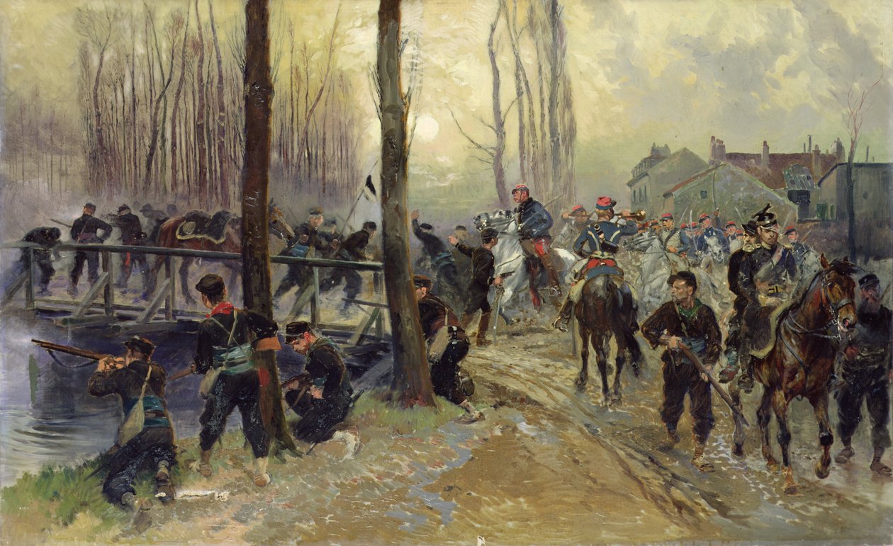 Les egy csapatok által védett híd közelében, kora reggel, 1870 alkotó: Jean Baptiste Edouard Detaille