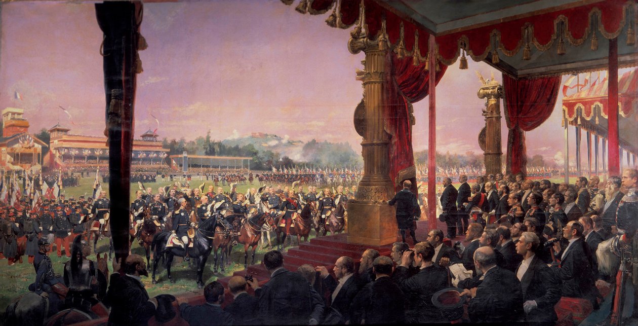 Jules Grevy elnök zászlóosztása Longchampban Leon Gambetta jelenlétében 1880. július 14-én. Tábornokok üdvözlik az államfőt, csoportok a Marechal Canrobert körül. Edouard Detaille festménye (1848-1912) alkotó: Jean Baptiste Edouard Detaille