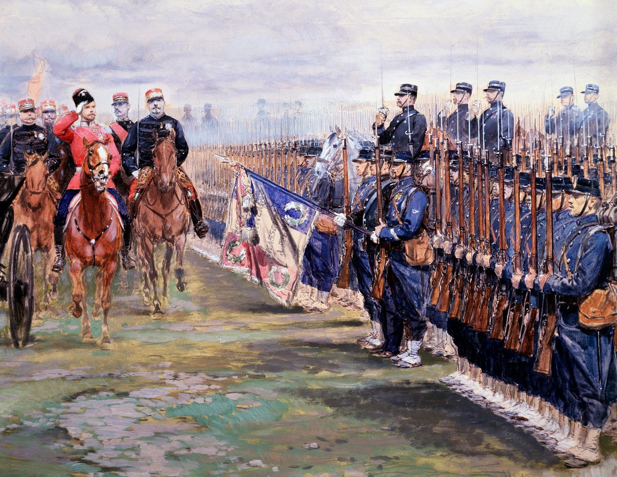 Nicolas cár áttekinti a Felix faure csapatokat Chalon-sur-Marne-ban franciaországi látogatása során, október 9-én. alkotó: Jean Baptiste Edouard Detaille