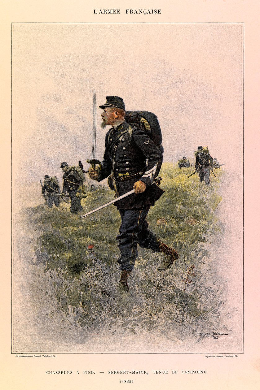 Jules Richard kapitány francia Armee-jének típusai és egyenruhái, illusztrálta Edouard Detaille (1848-1912): Lábvadászok: őrmester tábori ruhában 1885-ben, magángyűjtemény alkotó: Jean Baptiste Edouard Detaille