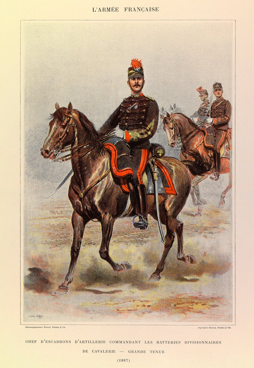 Jules Richard százados francia hadseregének típusai és egyenruhái, illusztrálta: Edouard Detaille (1848-1912): a hadosztály lovassági ütegeit nagy ruhában vezénylő tüzérosztag főnöke 1887-ben, magángyűjtemény alkotó: Jean Baptiste Edouard Detaille