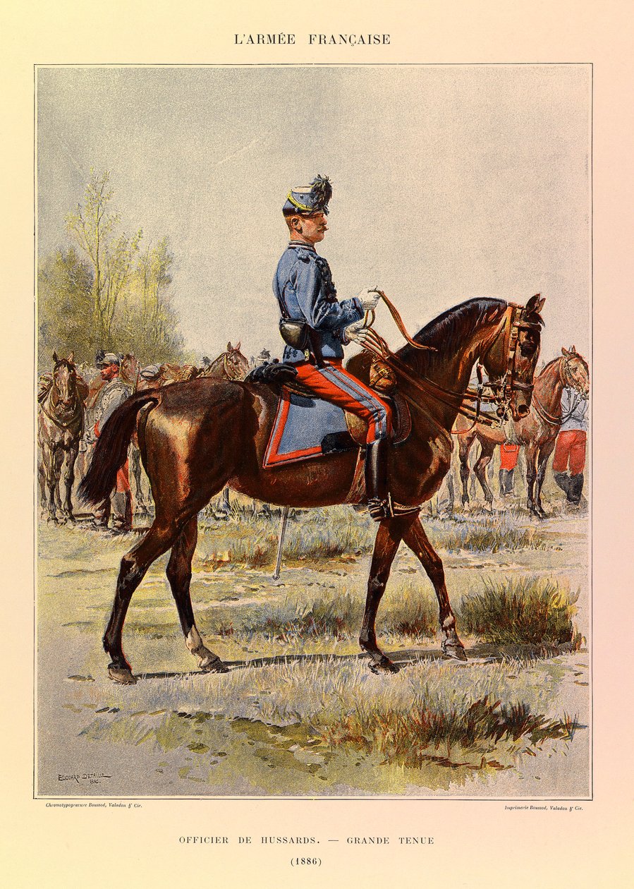 Jules Richard százados francia hadseregének típusai és egyenruhái, illusztrálta: Edouard Detaille (1848-1912): Nagyruhás huszártiszt 1886-ban, Magángyűjtemény alkotó: Jean Baptiste Edouard Detaille