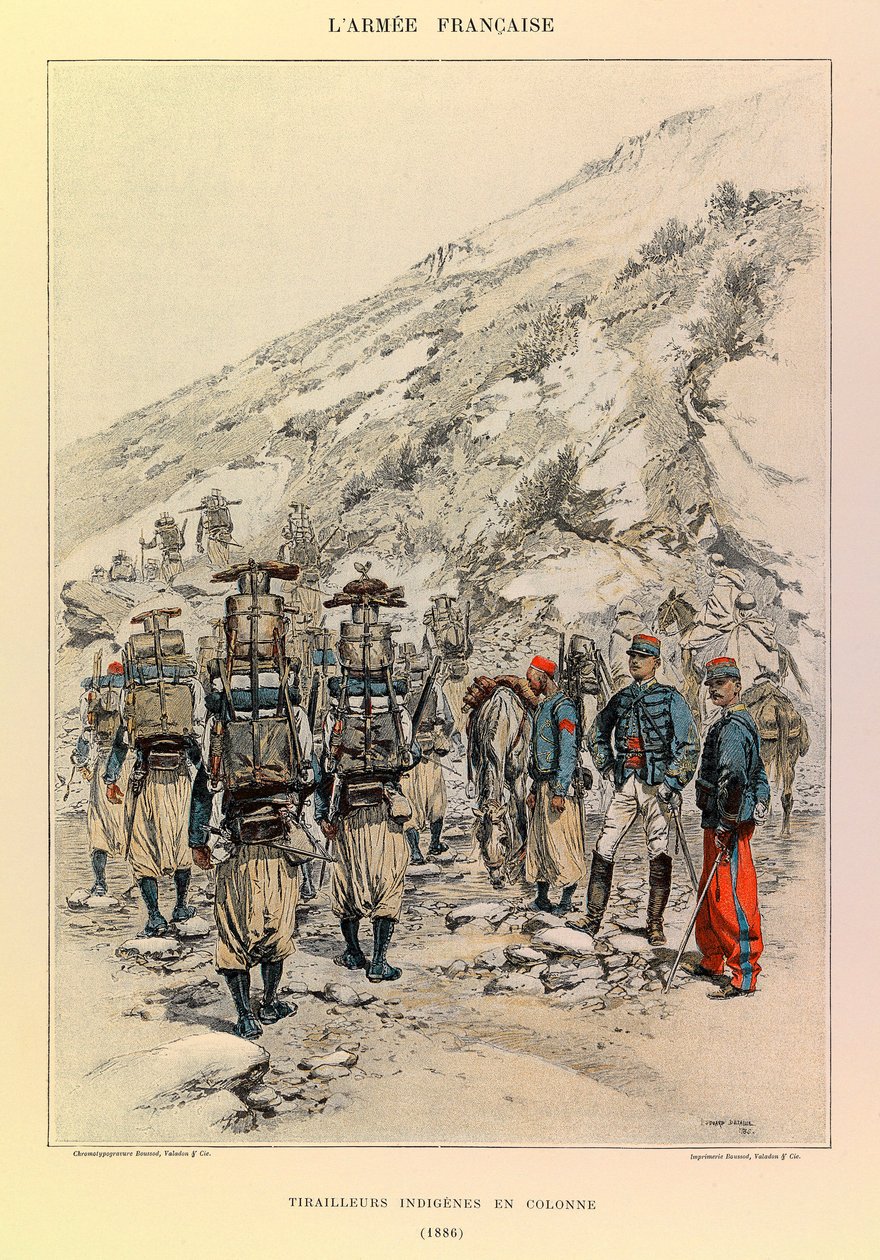 Jules Richard százados francia hadseregének típusai és egyenruhái, illusztrálta: Edouard Detaille (1848-1912): Indigenes Tirailleurs in Column 1886, Magángyűjtemény alkotó: Jean Baptiste Edouard Detaille
