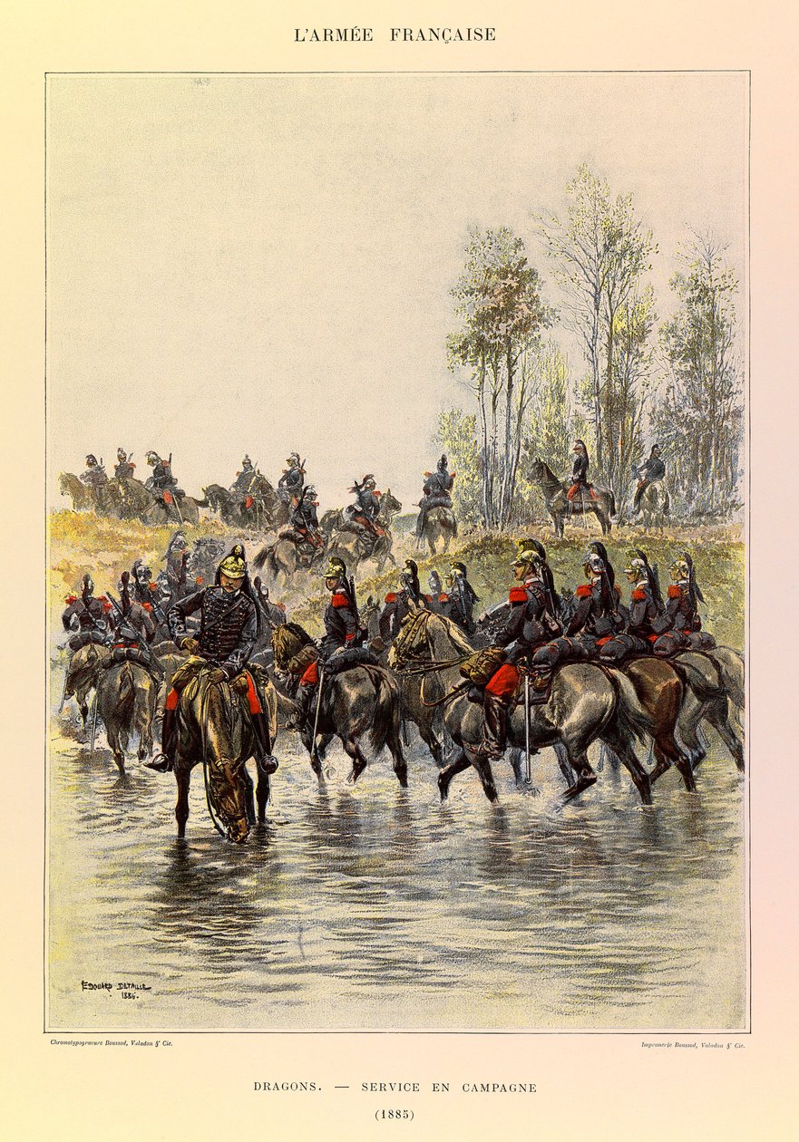 Jules Richard százados francia hadseregének típusai és egyenruhái, illusztrálta Edouard Detaille (1848-1912): Sárkányok; Field Service 1885-ben, Magángyűjtemény alkotó: Jean Baptiste Edouard Detaille