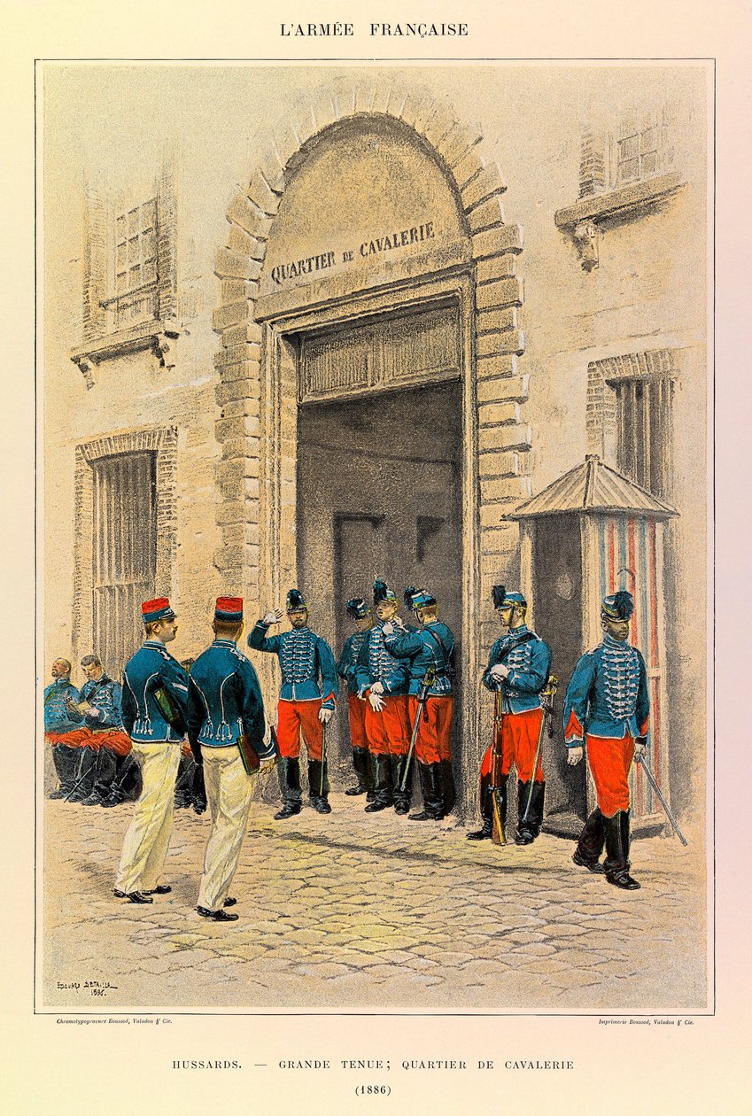 Jules Richard százados francia hadseregének típusai és egyenruhái, illusztrálta: Edouard Detaille (1848-1912): Huszárok nagy ruhában; Lovaskerület 1886-ban, Magángyűjtemény alkotó: Jean Baptiste Edouard Detaille