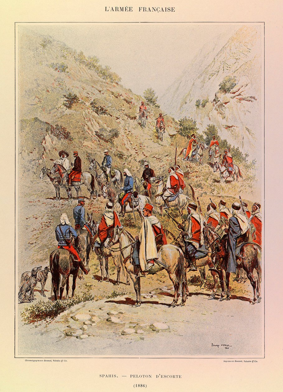 Jules Richard százados francia hadseregének típusai és egyenruhái, illusztrálta Edouard Detaille (1848-1912): Spahis; Kísérőszakasz 1886-ban, Magángyűjtemény alkotó: Jean Baptiste Edouard Detaille