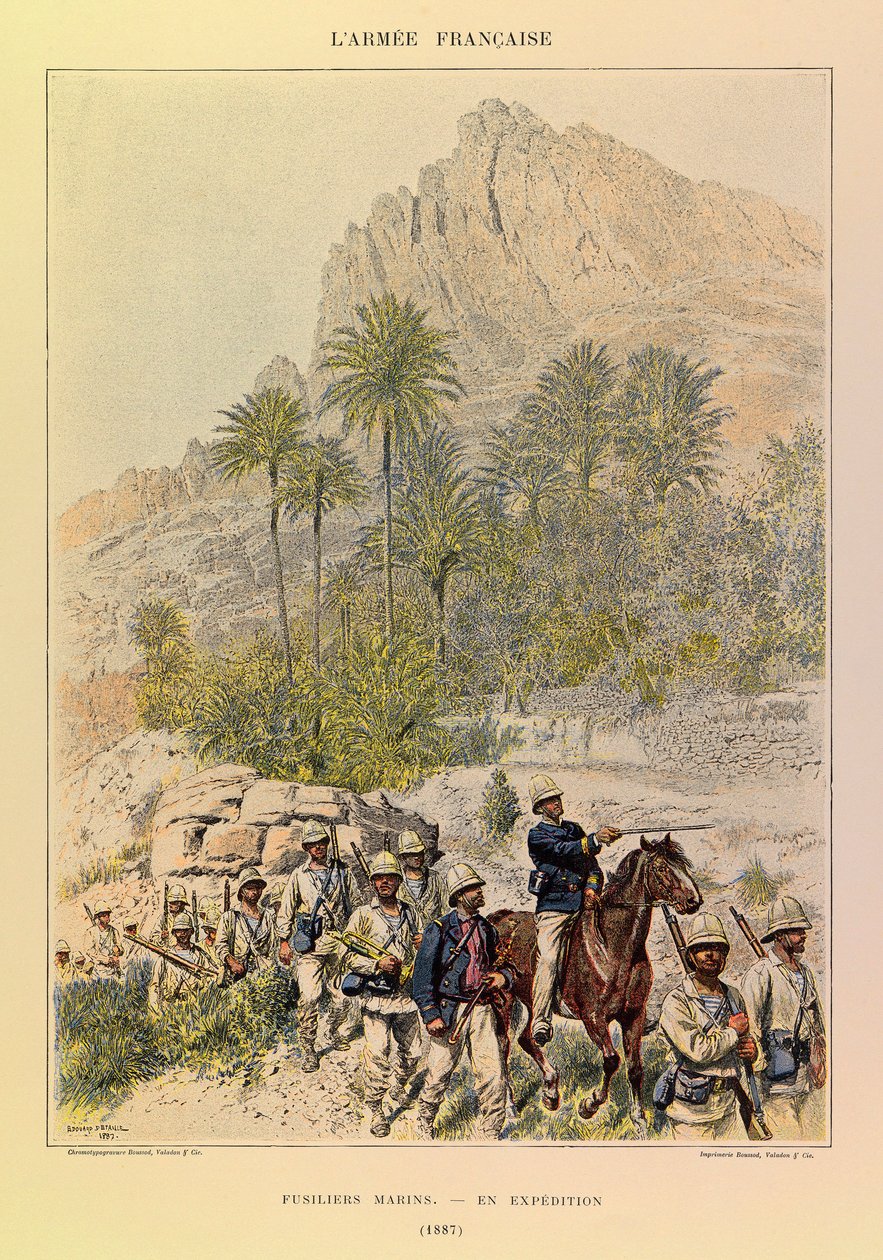 Jules Richard kapitány francia hadseregének típusai és egyenruhái, illusztrálta: Edouard Detaille (1848-1912): Fusiliers Marins az expedíción 1887-ben, Magángyűjtemény alkotó: Jean Baptiste Edouard Detaille