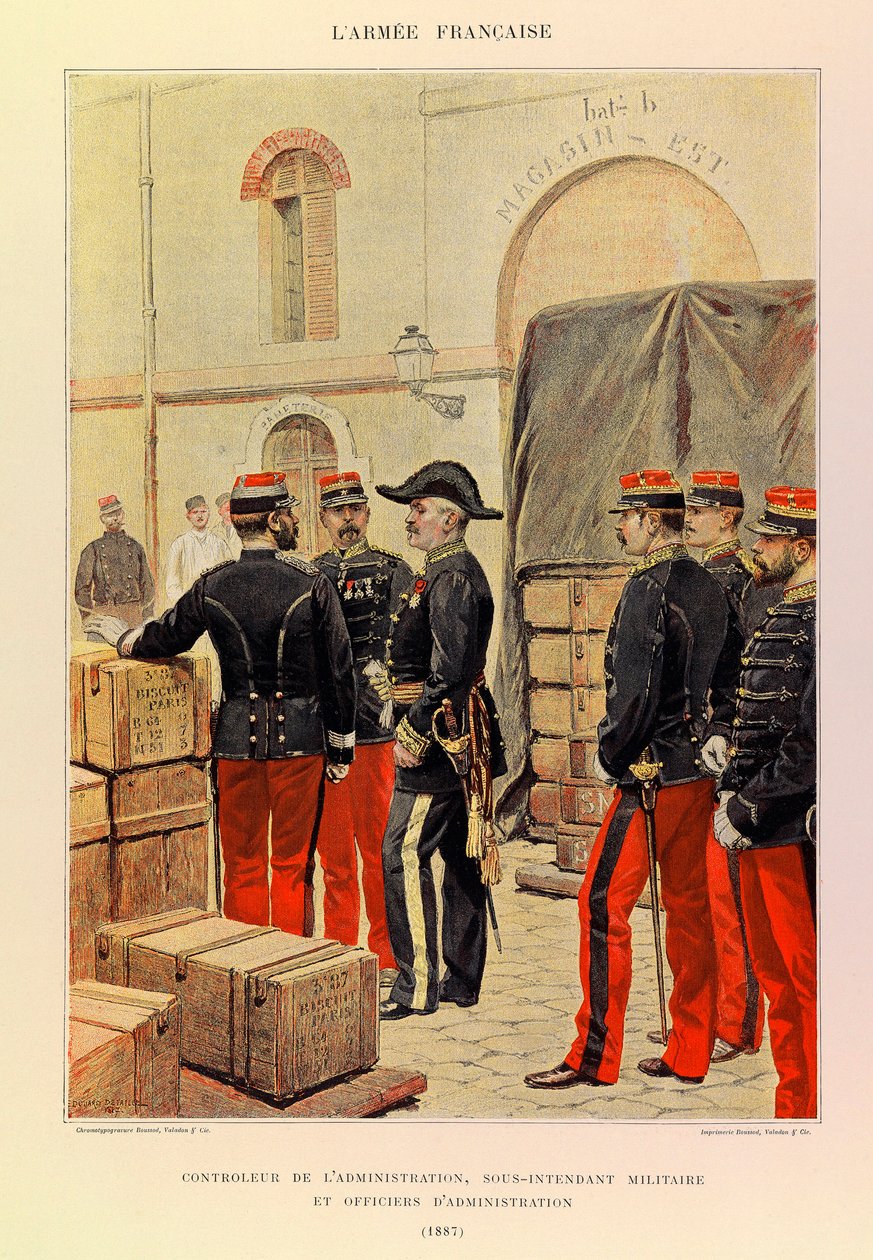 Jules Richard százados francia hadseregének típusai és egyenruhái, illusztrálta: Edouard Detaille (1848-1912): az adminisztráció irányítója, katonai intendáns helyettes és adminisztratív tisztek 1887-ben, Magángyűjtemény alkotó: Jean Baptiste Edouard Detaille