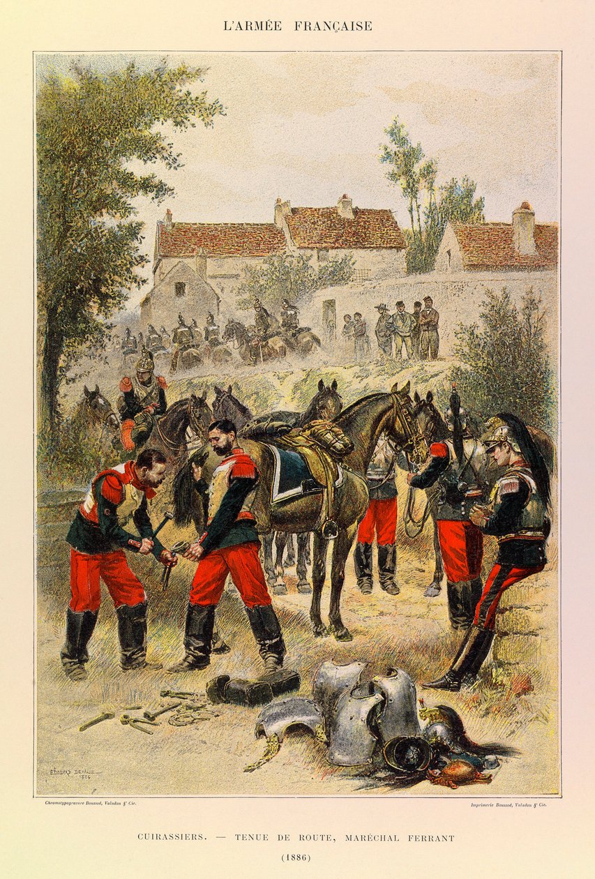 Jules Richard százados francia hadseregének típusai és egyenruhái, illusztrálta Edouard Detaille (1848-1912): Cuirassiers; Útkezelés; Marechal Ferrant 1886-ban, Magángyűjtemény alkotó: Jean Baptiste Edouard Detaille