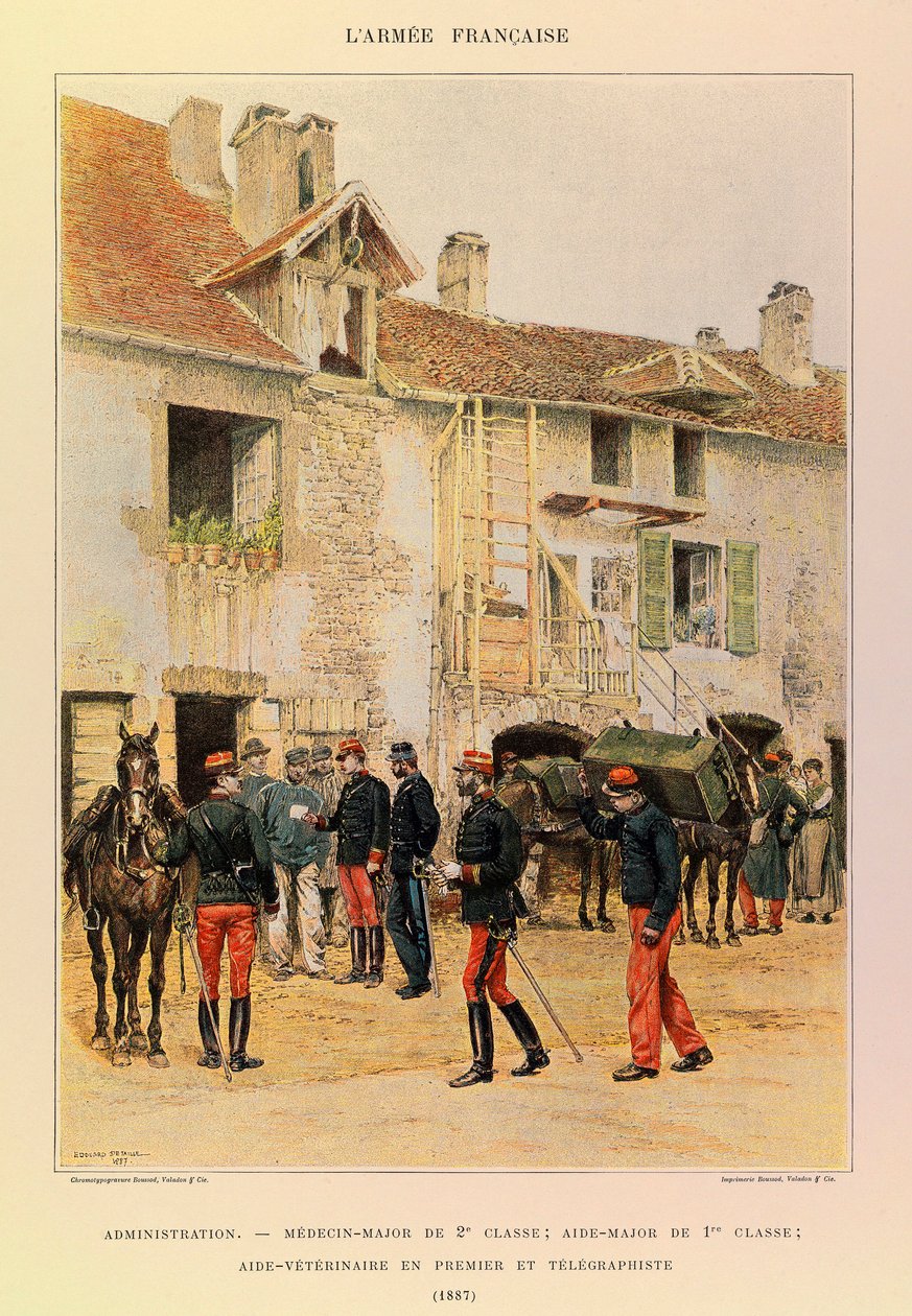 Jules Richard kapitány francia hadseregének típusai és egyenruhái, illusztrálta Edouard Detaille (1848-1912): Adminisztráció: osztály orvos őrnagya; 1. osztály őrnagy segédtisztje; első állatorvosi segédtiszt és távírász 1887-ben, magángyűjtemény. alkotó: Jean Baptiste Edouard Detaille