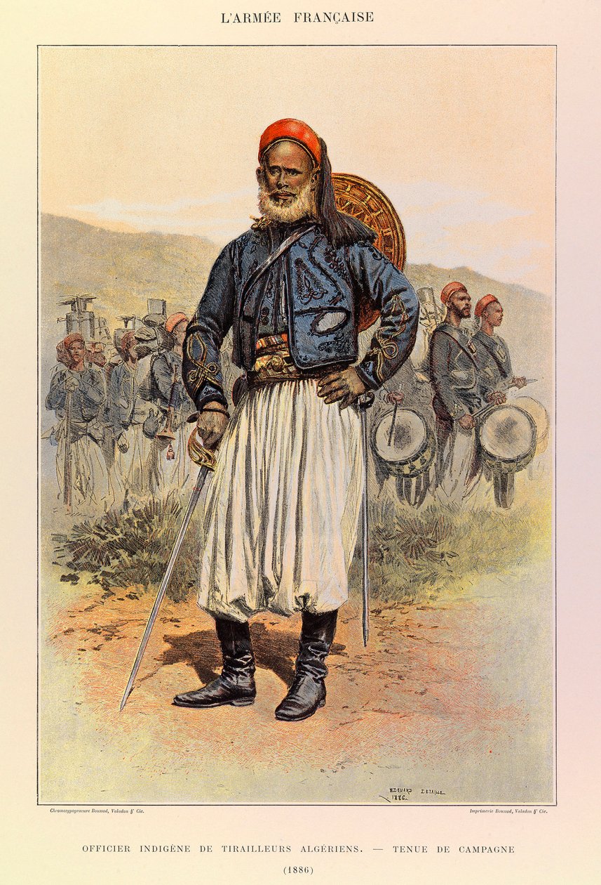Jules Richard kapitány francia hadseregének típusai és egyenruhái, illusztrálta: Edouard Detaille (1848-1912): Az algériai tuniorok bennszülött tisztje terepruhában 1886-ban, magángyűjtemény alkotó: Jean Baptiste Edouard Detaille