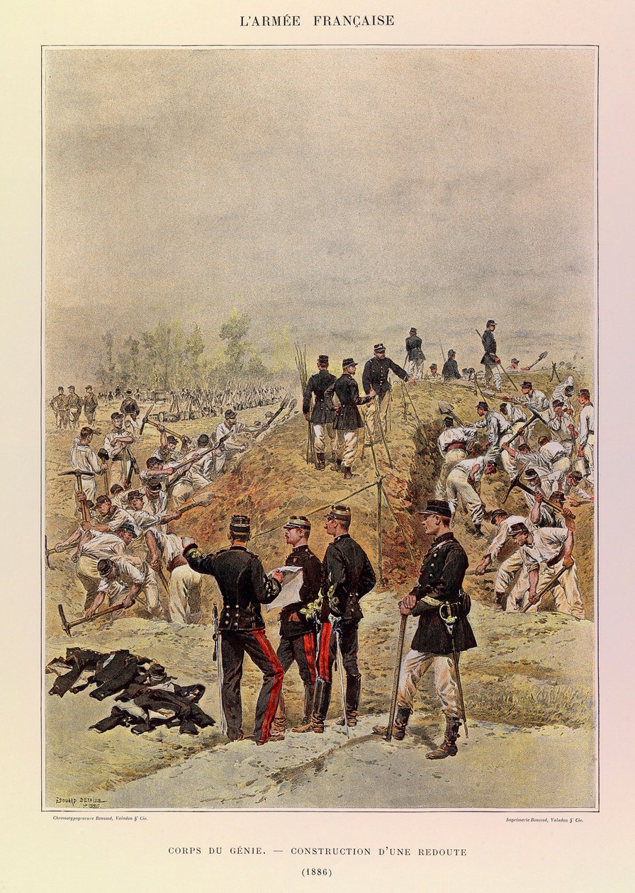 Jules Richard százados francia hadseregének típusai és egyenruhái, illusztrálta Edouard Detaille (1848-1912): Corps de Genie; Redoubt építése 1886-ban, Magángyűjtemény alkotó: Jean Baptiste Edouard Detaille