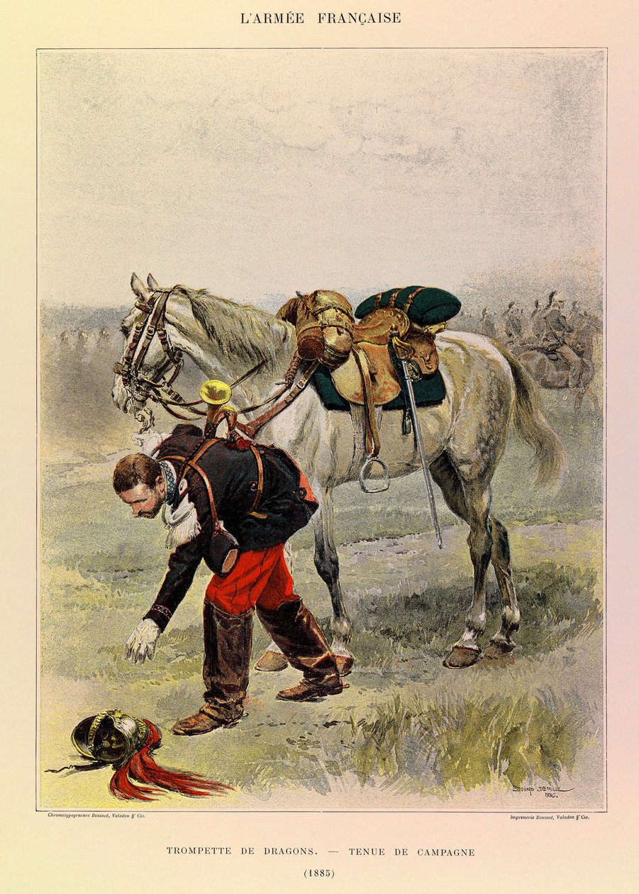 Jules Richard kapitány francia hadseregének típusai és egyenruhái, illusztrálta: Edouard Detaille (1848-1912): Sárkányok trombitája vidéki ruhában 1885-ben, Magángyűjtemény alkotó: Jean Baptiste Edouard Detaille