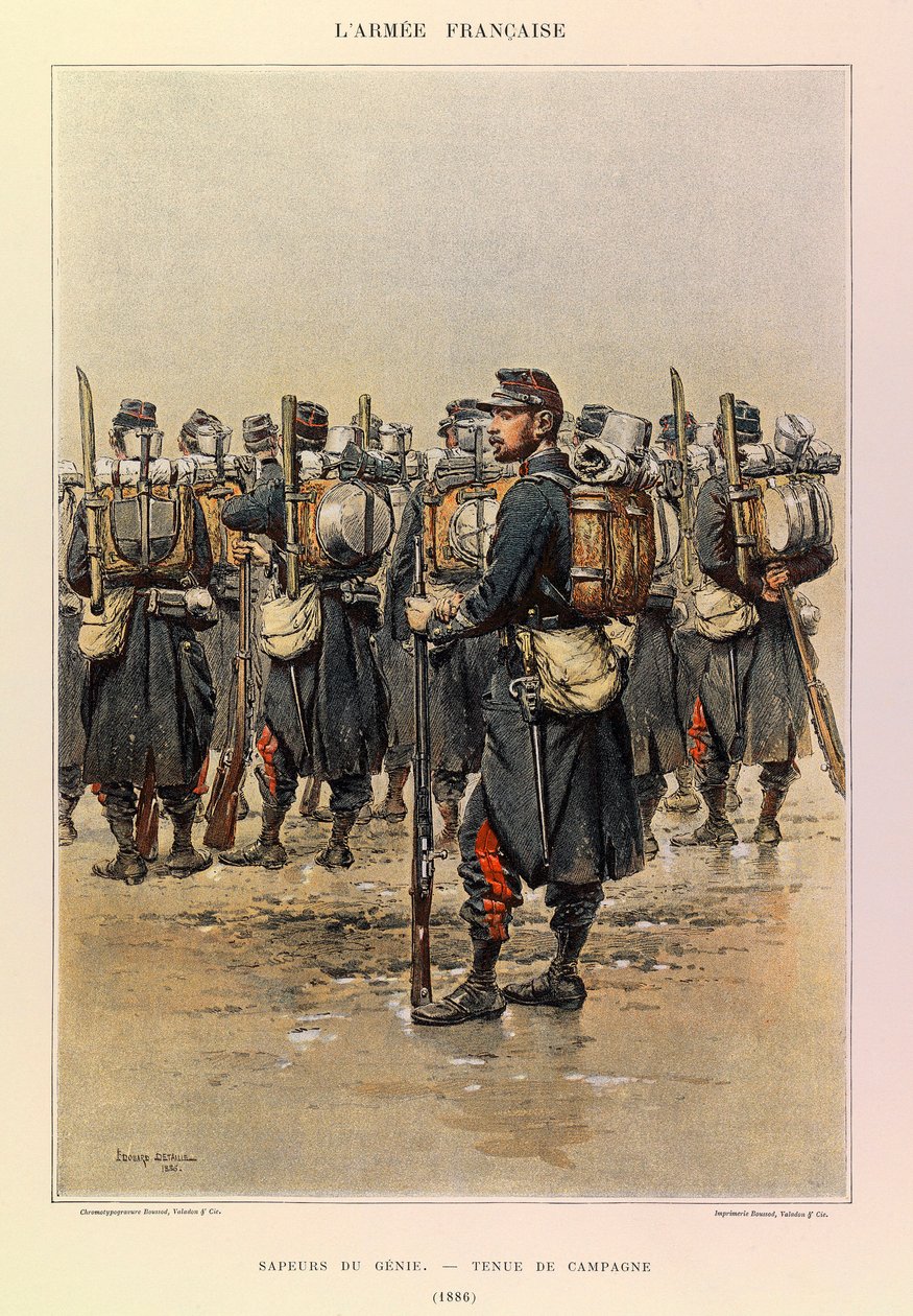 Jules Richard kapitány francia hadseregének típusai és egyenruhái, illusztrálta Edouard Detaille (1848-1912): Magántulajdonban, 1886-ban, a Genie Sapper of the Genie vidéki ruhában, magángyűjtemény. alkotó: Jean Baptiste Edouard Detaille