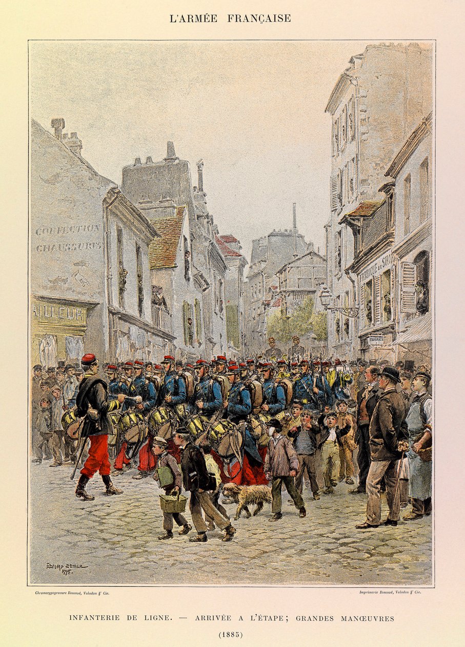 Jules Richard kapitány francia hadseregének típusai és egyenruhái, illusztrálta: Edouard Detaille (1848-1912): Sor gyalogság: Érkezés a színpadra az 1885-ös nagy manőverek során, Magángyűjtemény alkotó: Jean Baptiste Edouard Detaille