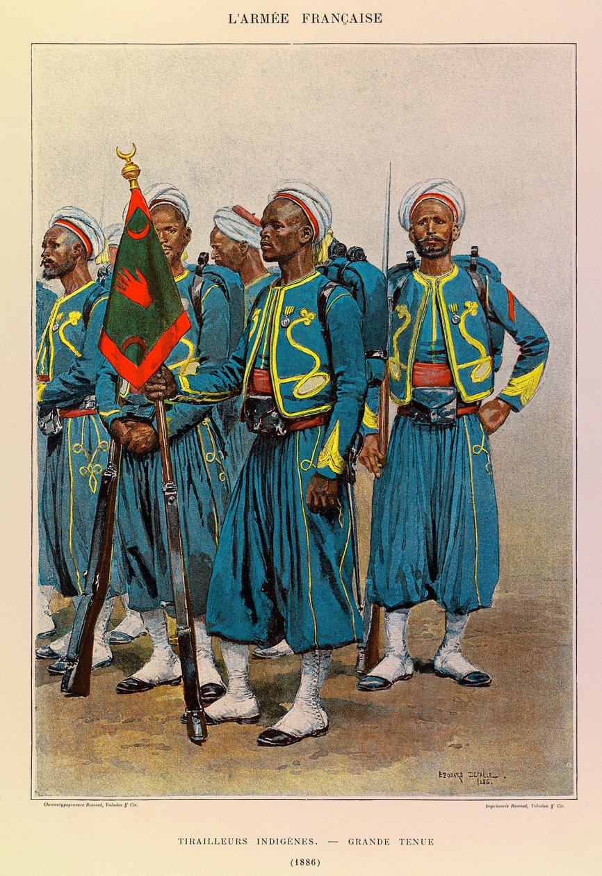 Jules Richard kapitány francia hadseregének típusai és egyenruhái, illusztrálta: Edouard Detaille (1848-1912): Native Tirailleurs in Great Outfit in 1886, Private Collection alkotó: Jean Baptiste Edouard Detaille