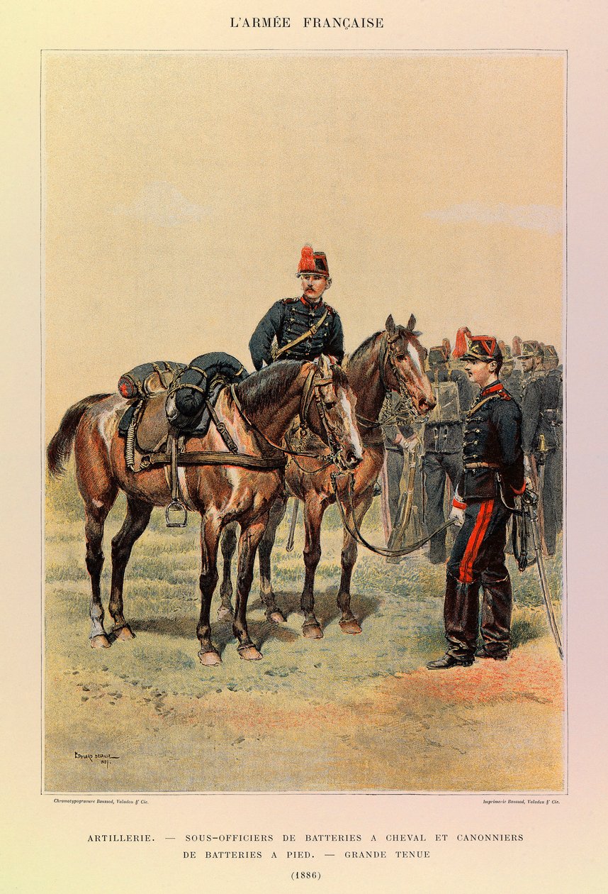 A Jules Richard százados francia hadseregének típusai és egyenruhái, illusztrálta: Edouard Detaille (1848-1912): Tüzérség: lovas ütegek altisztei és gyalogos üteg tüzérei nagy öltözetben 1886-ban, Magángyűjtemény alkotó: Jean Baptiste Edouard Detaille