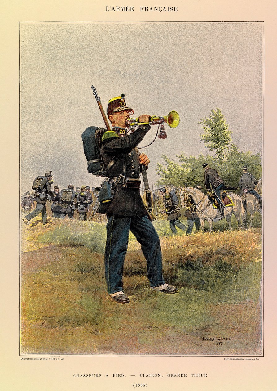 Jules Richard kapitány francia hadseregének típusai és egyenruhái, illusztrálta: Edouard Detaille (1848-1912): Gyalogos vadászok: 1885-ben remek ruhában viselő dög, Magángyűjtemény alkotó: Jean Baptiste Edouard Detaille