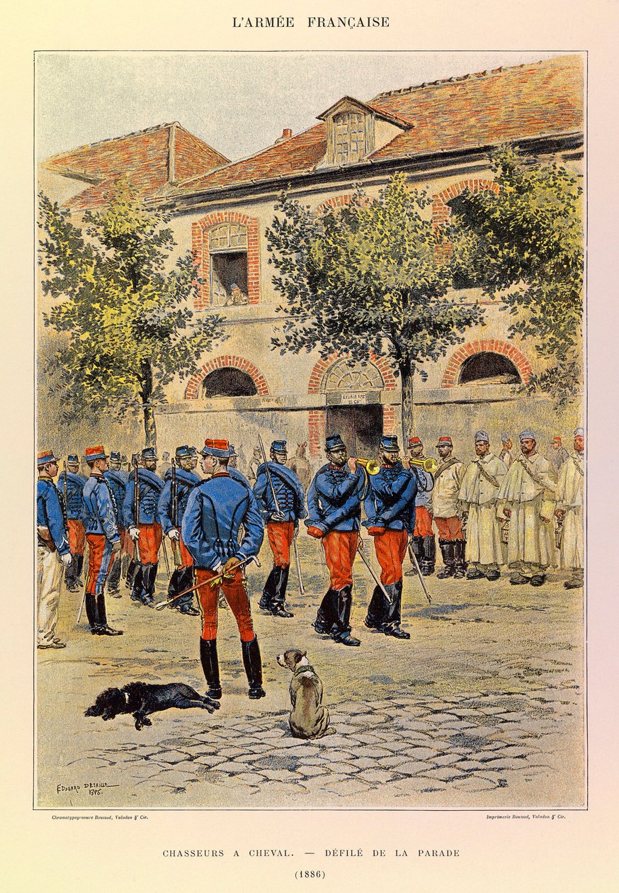 Jules Richard kapitány francia hadseregének típusai és egyenruhái, illusztrálta Edouard Detaille (1848-1912): Vadászok lóháton; Defile de la parade en 1886, Collection Partiale alkotó: Jean Baptiste Edouard Detaille