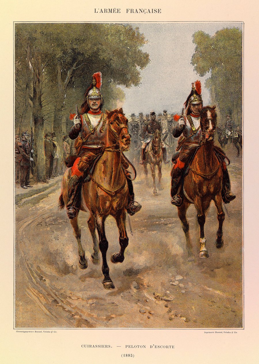 Jules Richard százados francia hadseregének típusai és egyenruhái, illusztrálta: Edouard Detaille (1848-1912): Cuirassiers: Kísérőszakasz 1885-ben, Magángyűjtemény alkotó: Jean Baptiste Edouard Detaille