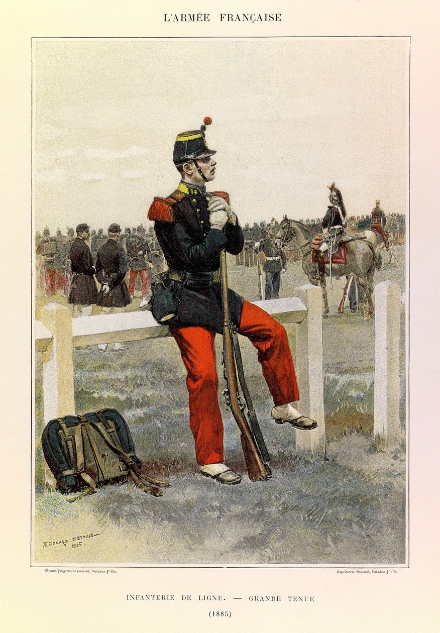 Jules Richard százados francia hadseregének típusai és egyenruhái, illusztrálta Edouard Detaille (1848-1912): Infantry de line en grande-style 1885-ben, részleges gyűjtemény alkotó: Jean Baptiste Edouard Detaille