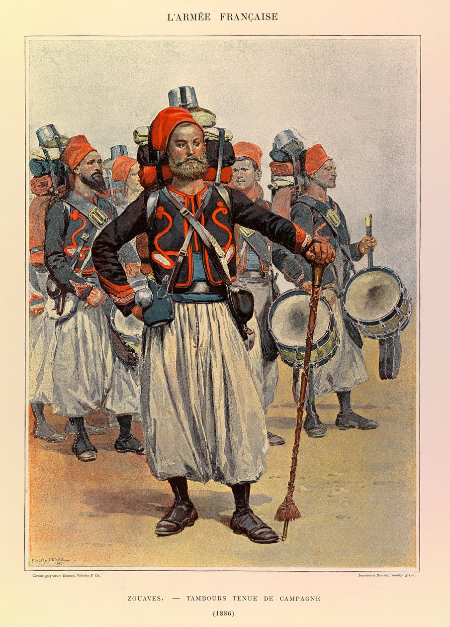 Jules Richard kapitány francia hadseregének típusai és egyenruhái, illusztrálta: Edouard Detaille (1848-1912): Zouaves: Dob vidéki ruhában 1886-ban, Magángyűjtemény alkotó: Jean Baptiste Edouard Detaille