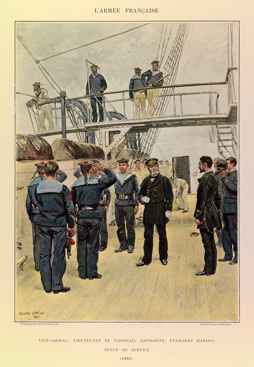 Jules Richard kapitány francia hadseregének típusai és egyenruhái, illusztrálta Edouard Detaille (1848-1912): Haditengerészet: Admirálishelyettes, hajóhadnagy, aspiránsok, tengerészgyalogosok szolgálati ruhában 1885-ben, magángyűjtemény. alkotó: Jean Baptiste Edouard Detaille